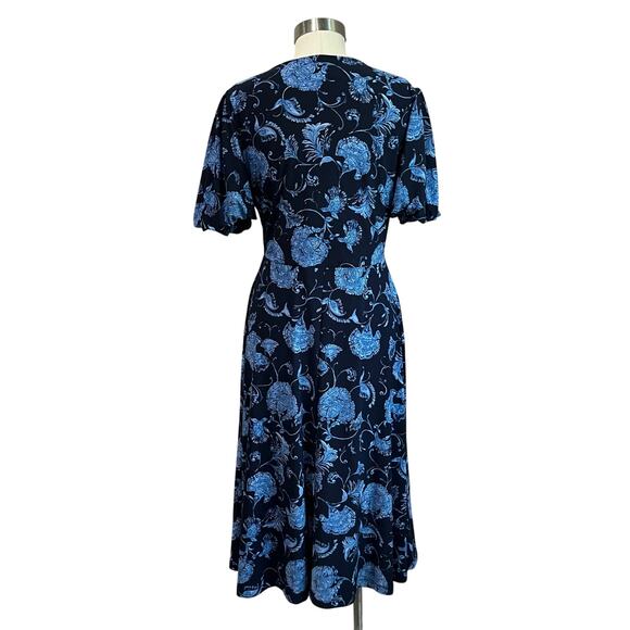 Harper Rose Navy Floral Puff Sleeve V Neck Midi Dress Size 8 - Picture 2 of 11